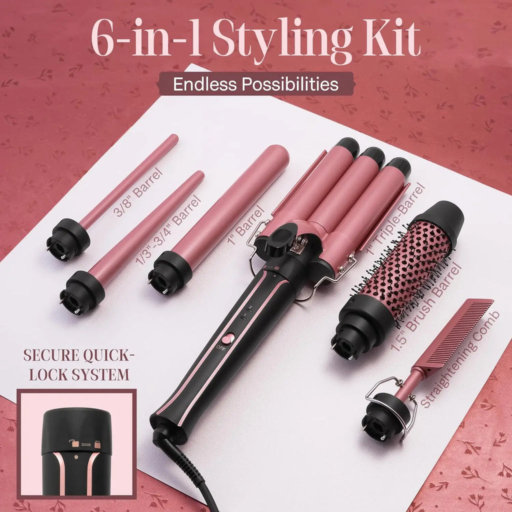 Curling Iron Set 6-in-1 Hair Curler with 3 Barrel Hair Crimper, Hair Straightener - Waver Heating Styling Tools for Women