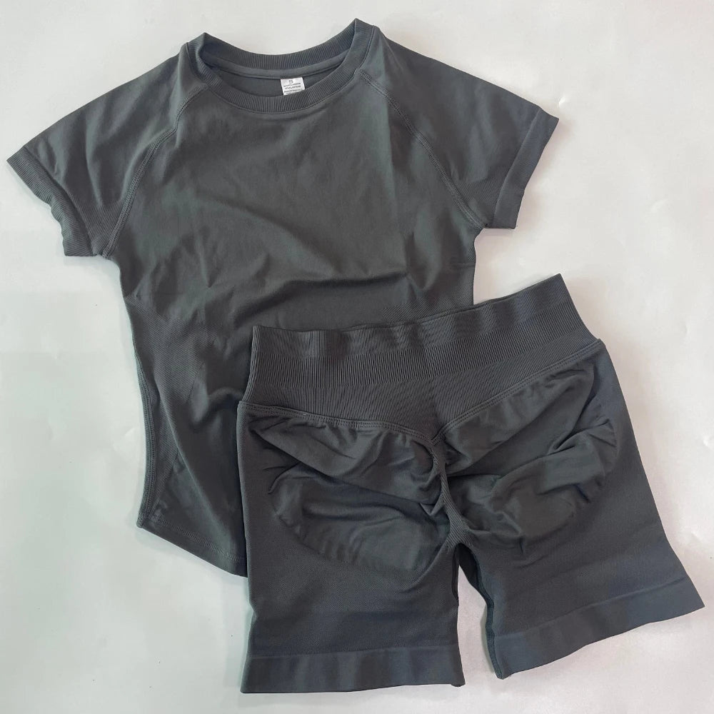 2 Piece Sets Women Outfit Longline Short Sleeve Gym Crop Top High Waist Workout Shorts Sports Suit Fitness Clothes Yoga Set