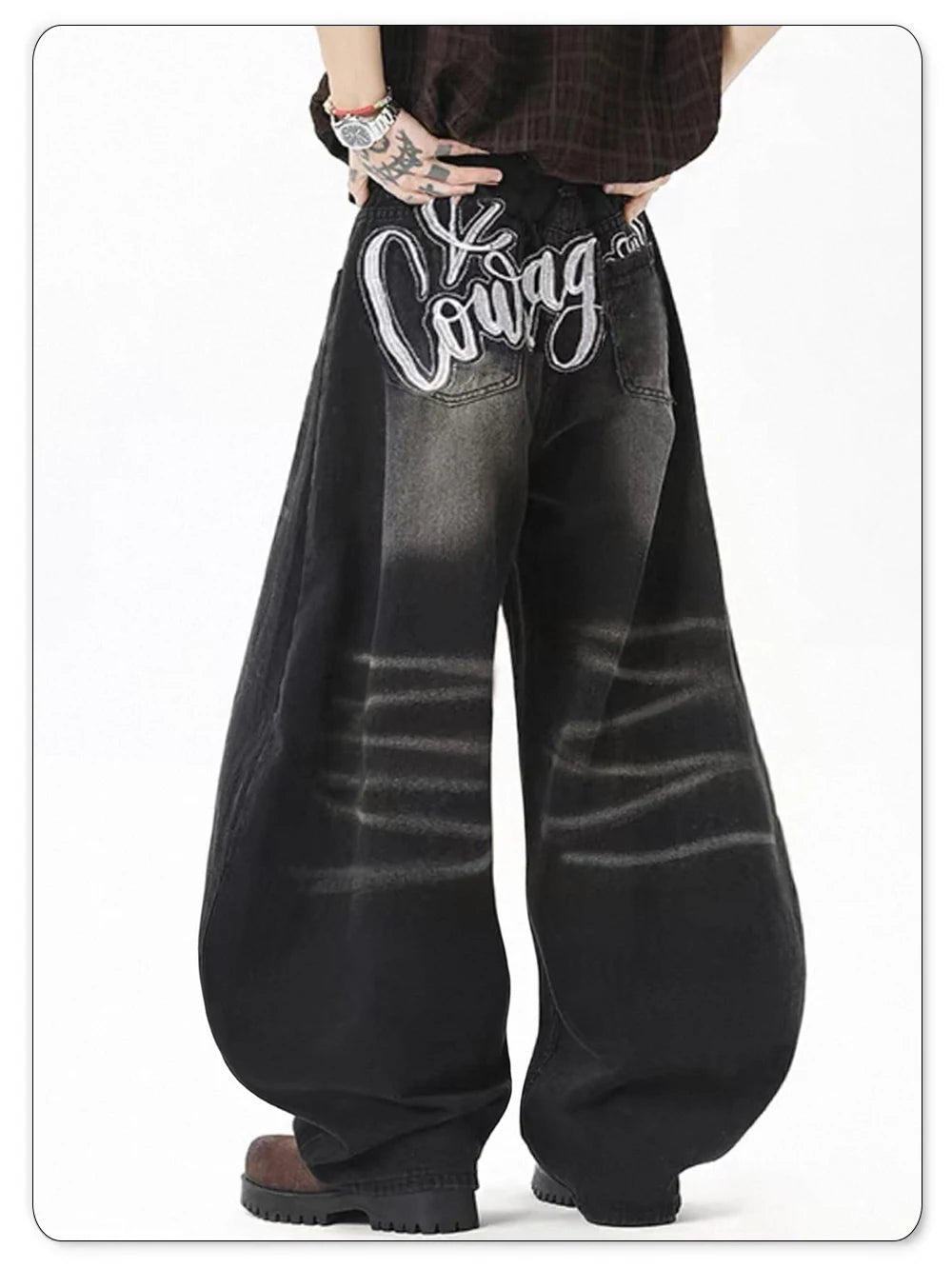 Men's American Retro Black Baggy Machete Wide Leg Jeans Four Seasons Personalized Embroidery Design Unisex Denim Pants Clothes