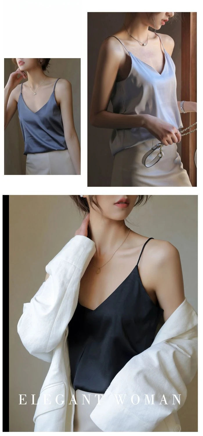 Women Halter V Neck Basic White Cami Spaghetti Strap Top Sleeveless Satin Silk 2026 Tank Tops Women'S Summer Camisole