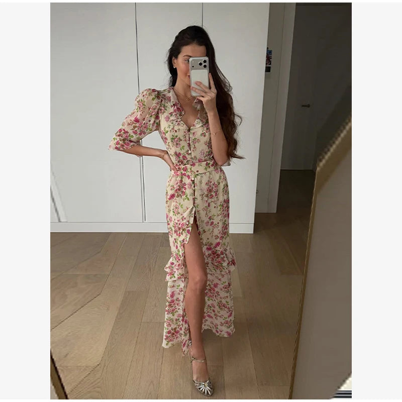 Organza Floral Printed Maxi Dress V-neck Puff Sleeve 2026 Spring/summer Romantic Women Party Gown Fashion Elegant Lady Vestido