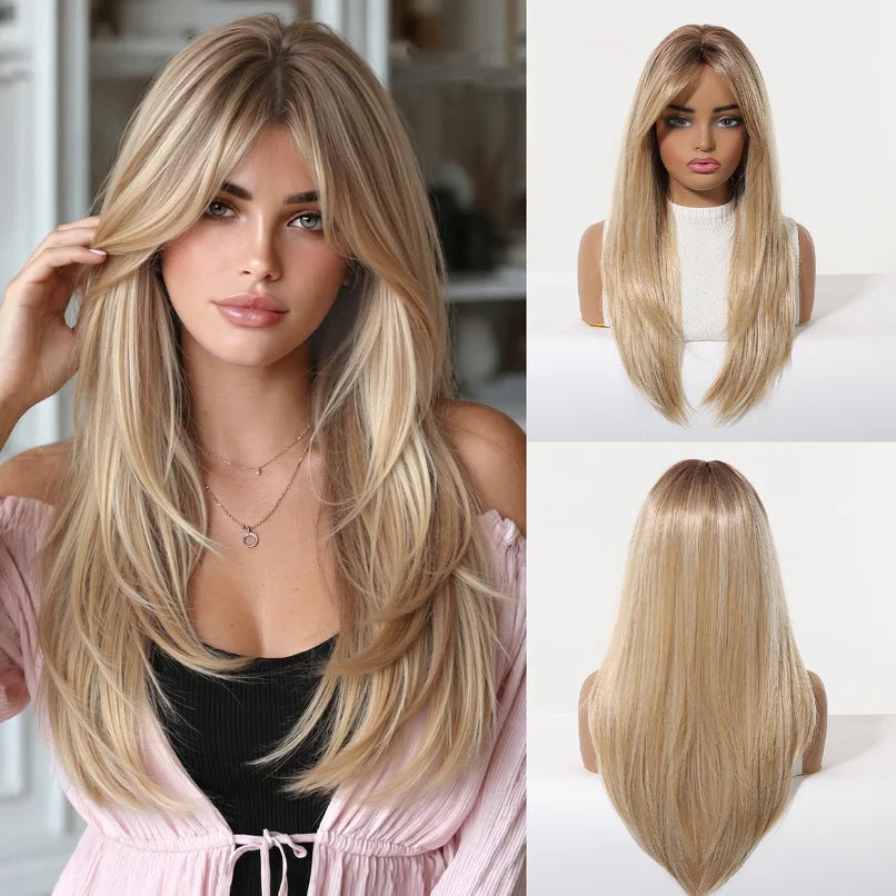 ALAN EATON Long Brown Highlight Synthetic Wigs Layered Straight Hair Wig Realistic Fake Hair for Daily Wear High Temperature Wig