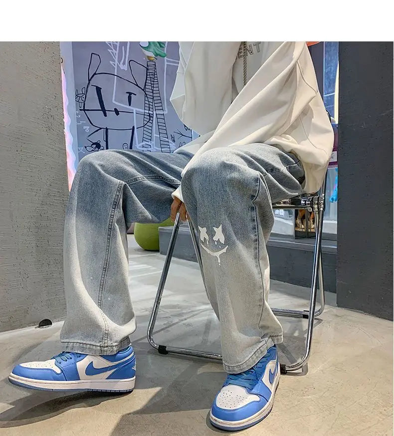 Harajuku Smile Print Baggy Pants Men Streetwear Wide Leg Oversize Jeans Vintage Y2k Straight Long Trousers Male 2024 Fashion