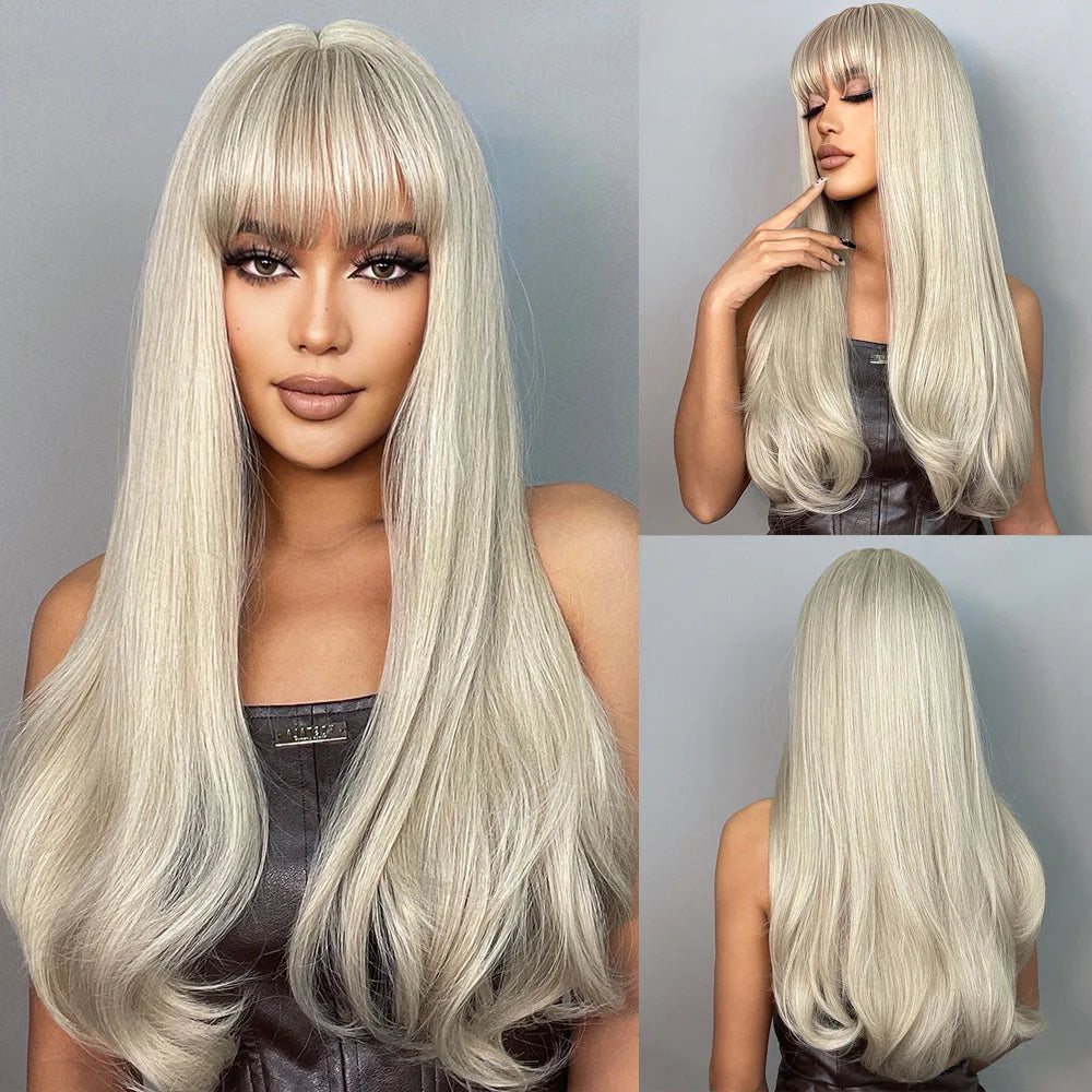 GEMMA Ombre Brown Blonde Long Straight Synthetic Wigs with Bangs Cosplay Wig for Women High Temperature Natural Fake Hair