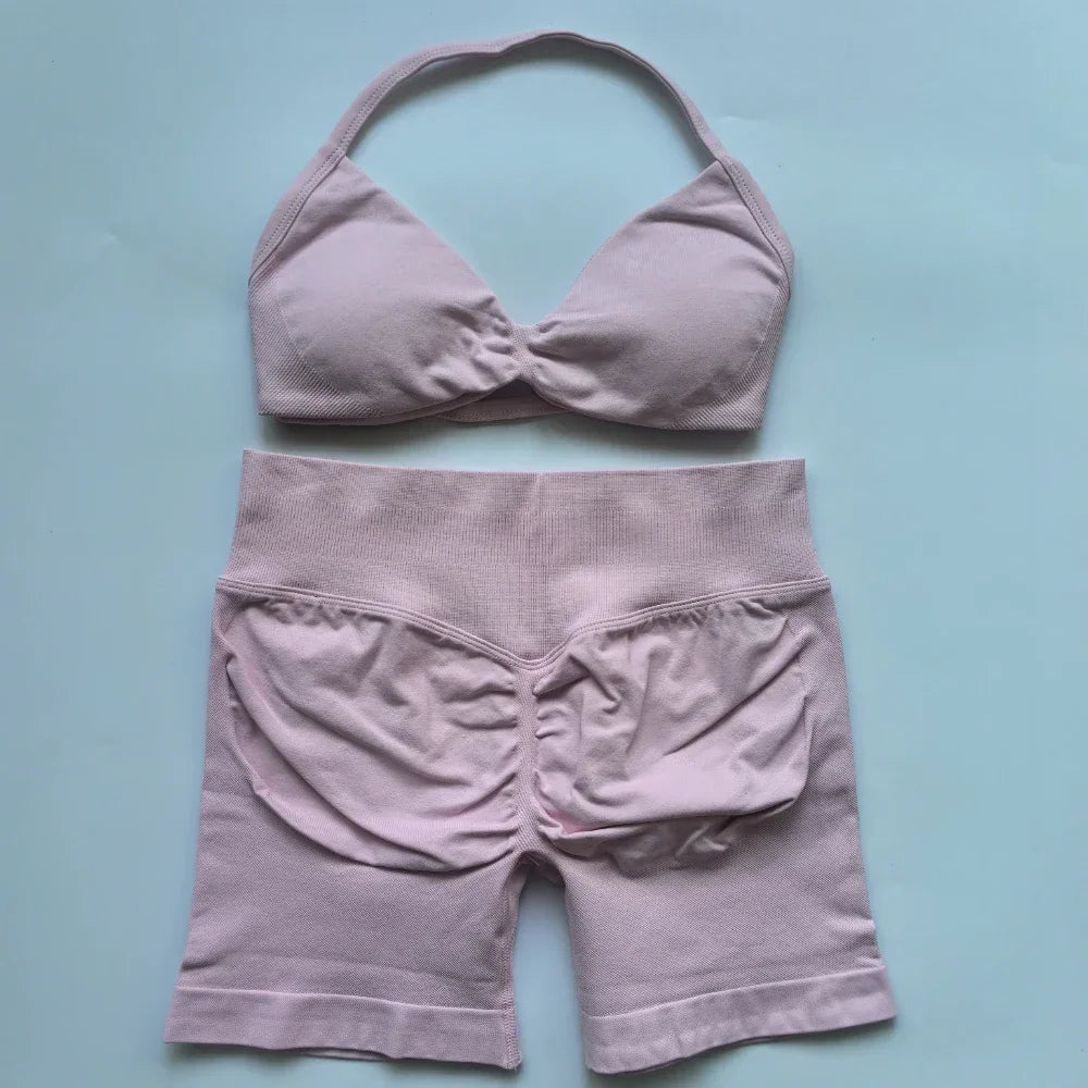 NO LOGO 2PCS Gym Set Women Strappy Yoga Bra Top High Waist Workout Scrunch Shorts Sports Suit Seamless Yoga Set Fitness Clothes