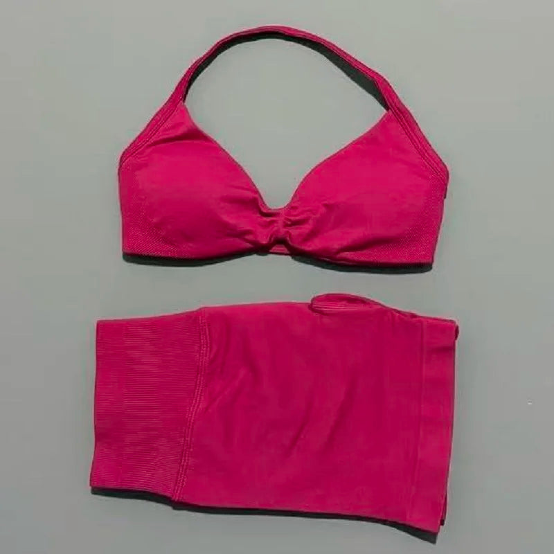 2 Piece Sport Set Women Seamless Yoga Tank Bra High Waist Scrunch Bum Gym Shorts Sets Fitness Running Workout Suit