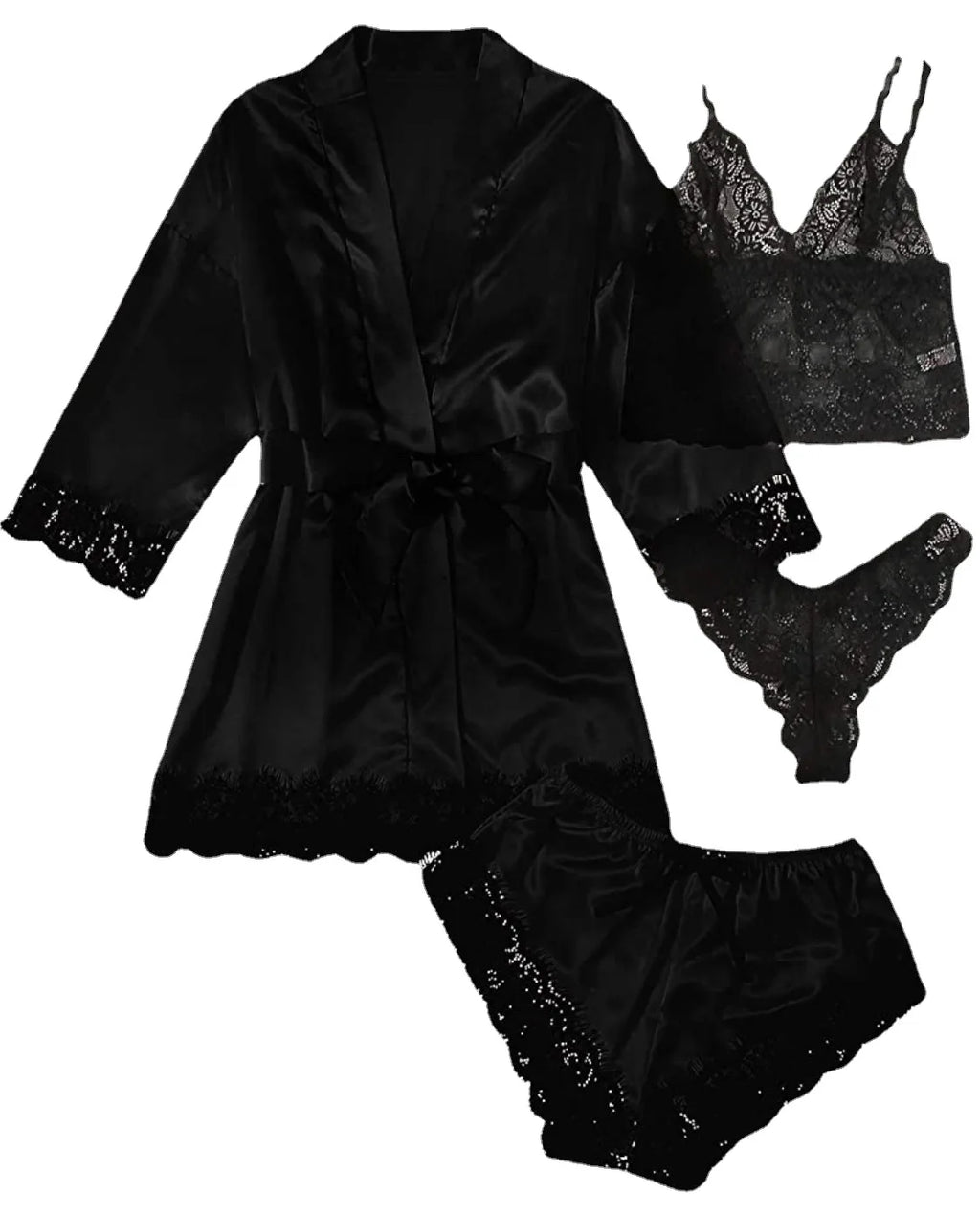 4pcs Women Striped Lingerie Set Lace Trim Robe Camisole Shorts Panties Nightwear Sleepwear Homewear Sexy Pajamas Outfit