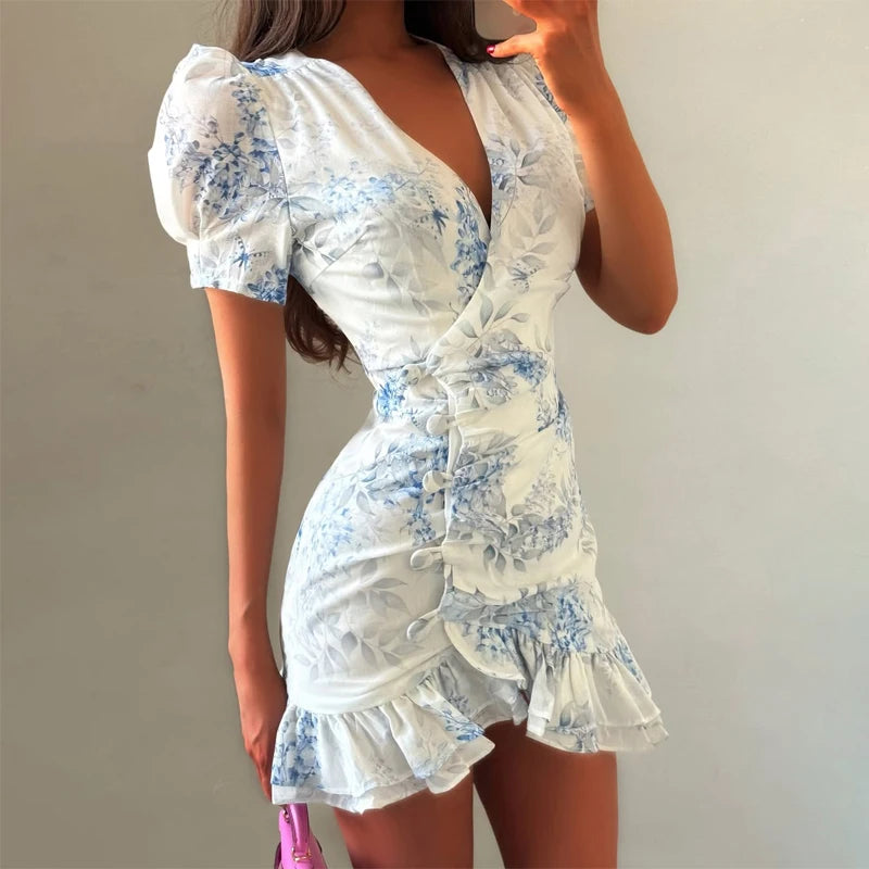 Sexy Pink Floral Print Ruffle Slim Short Dress Women Elegant V-neck Pleated Puff-sleeve Ruched Dresses Lady Party Club Robe New