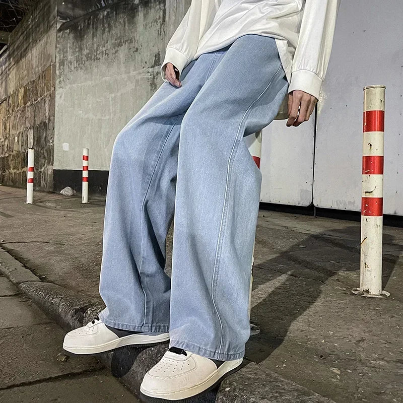 2026 New Streetwear Loose Jeans Men Korean Style Fashion Loose Straight Wide Leg Pants Men's Brand Clothing Black Light Blue