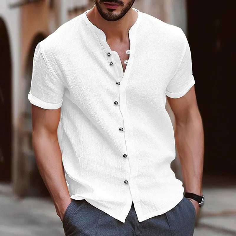 Men's Simple Texture Linen Round-neck Short-sleeve Button-down Solid-color Shirt, Comfortable and Casual Summer Daily Top