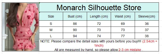 Sexy Pink Floral Print Ruffle Slim Short Dress Women Elegant V-neck Pleated Puff-sleeve Ruched Dresses Lady Party Club Robe New