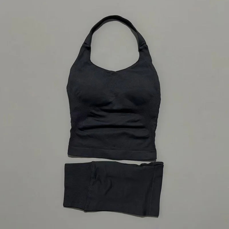 2 Peice Histello Sports Set Women Seamless Halter Top Longline Strappy Padded Scrunch Shorts Set Yoga Suit Gym Workout Sets