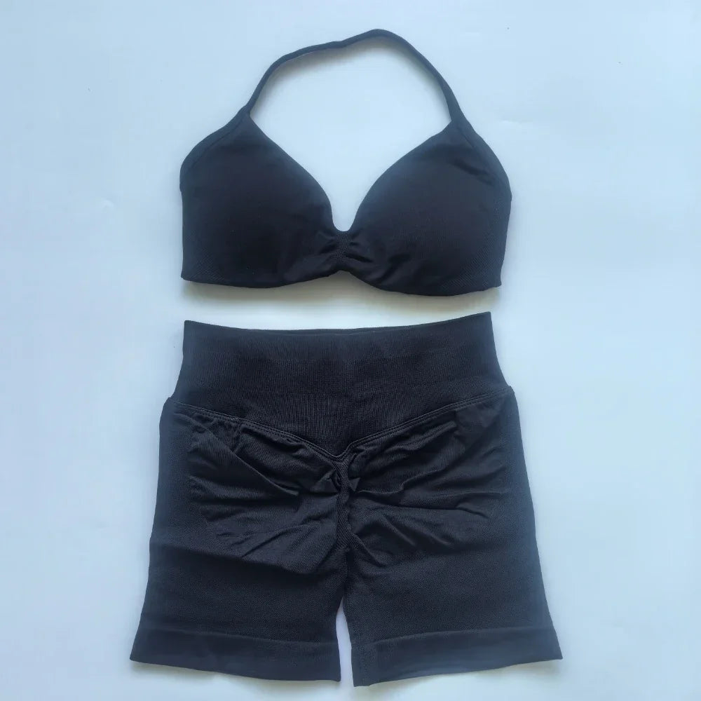 NO LOGO 2PCS Gym Set Women Strappy Yoga Bra Top High Waist Workout Scrunch Shorts Sports Suit Seamless Yoga Set Fitness Clothes