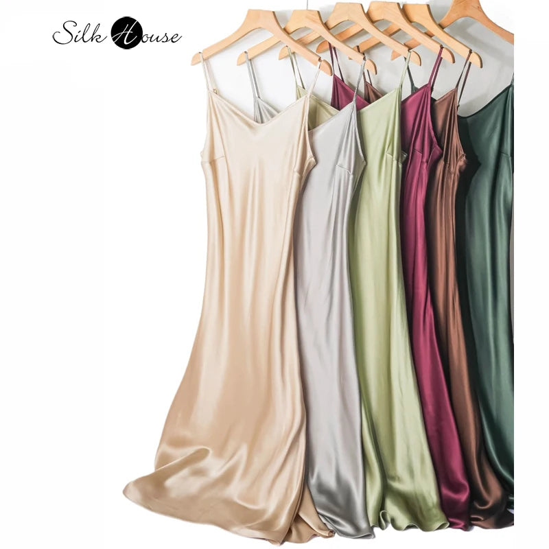 Small Heavyweight 21MM 100% Natural Mulberry Silk Plain Satin French V-neck Diagonal Cut Women's Sexy Solid Suspender Dress