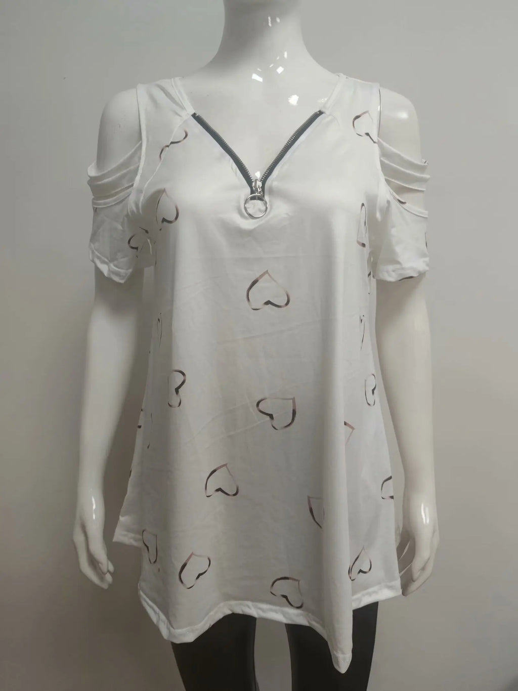 2024 Summer Women's V-Neck Zipper Printed Short Sleeve Tops Loose T-Shirts