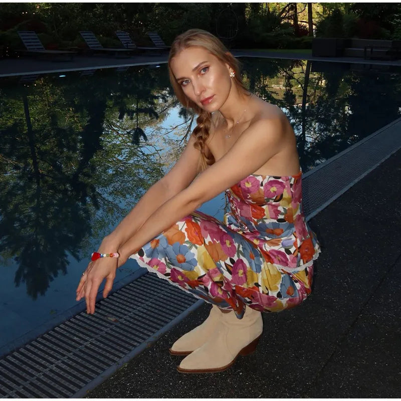 Tropical Floral Print Strapless Corset Top & Mermaid Midi Skirt 2-Piece Set 2026 Summer Chic Bold Women Vacation Date Vestido