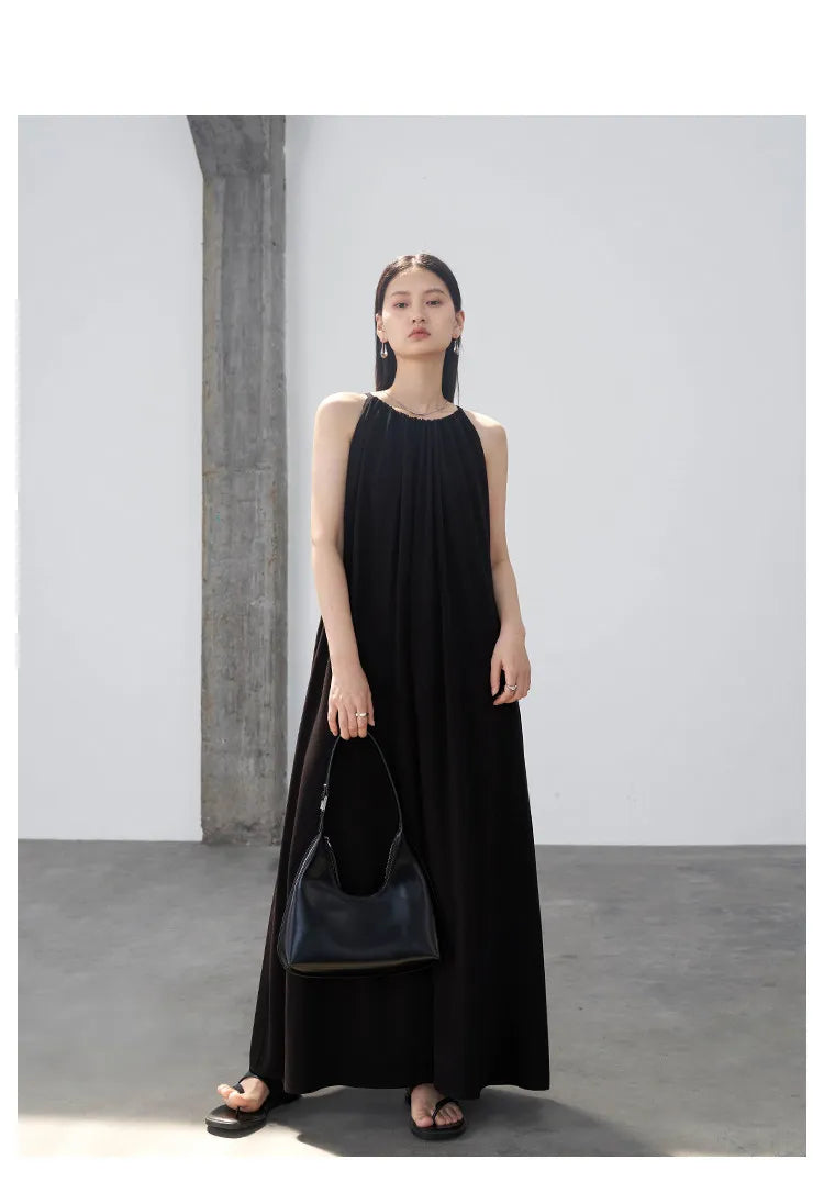 CHIC VEN Women Halter Dress A Line Solid Loose Casual Lace Up Black Sleeveless Holiday Female Long Dress Pullover Summer 2026