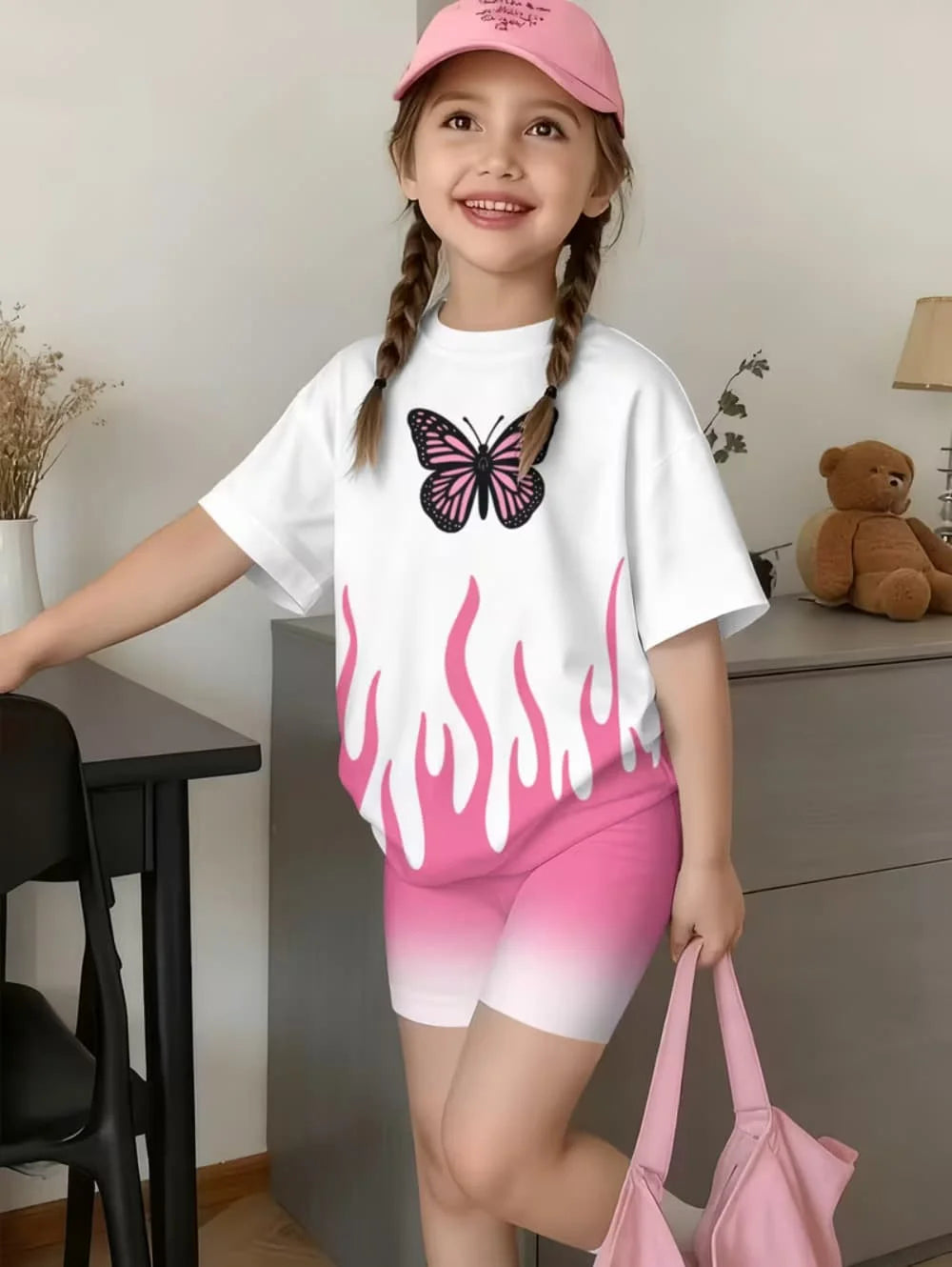2-Piece Summer Children's Comfortable Cute Butterfly 3D Print Short Sleeve Shorts Set for Boys and Girls Casual Home Outdoor Set