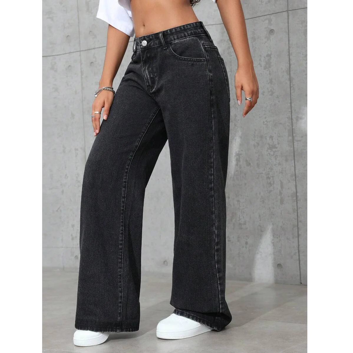 plus Size Women's Wide Leg Jeans Washed Elastic Casual Loose Fit Ladies Denim Pants Comfortable Stretchy Trousers