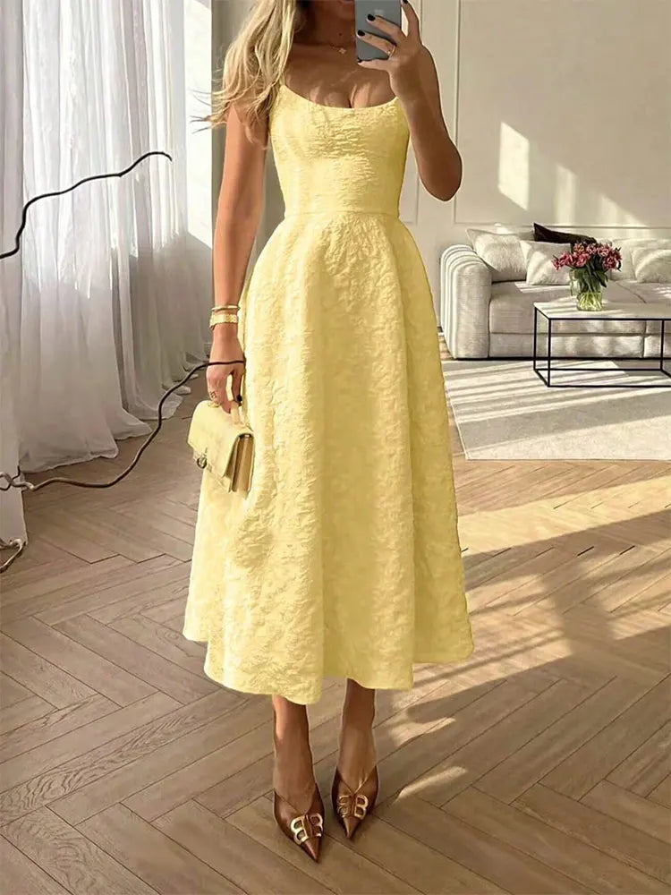 Women A-Line Dresses New Summer Solid Sexy Backless O-Neck Low Chest Sling Maxi Dress Streetwear Fashion Casual Slim Lady Dress