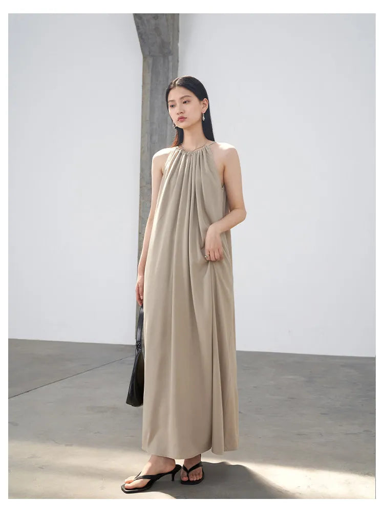 CHIC VEN Women Halter Dress A Line Solid Loose Casual Lace Up Black Sleeveless Holiday Female Long Dress Pullover Summer 2026