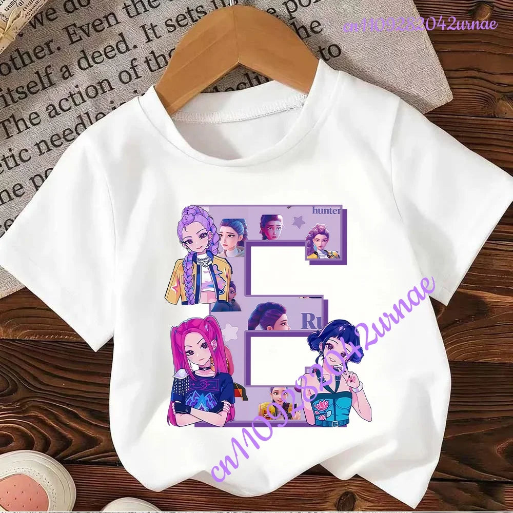 Kpop Demon Hunters Letter A-Z T-shirt Kawaii Rumy Birthday Tops Party Wear Girls Tee Summer Short Sleeve Cotton Kid Clothes