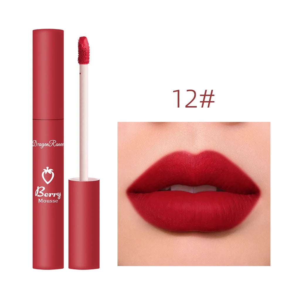 Dragon Ranee 12 Color Matte Lip Gloss Velvet Texture Waterproof Moisturize Lip Gloss Lasting Non-stick Cup Fashion Cosmetics 5ml