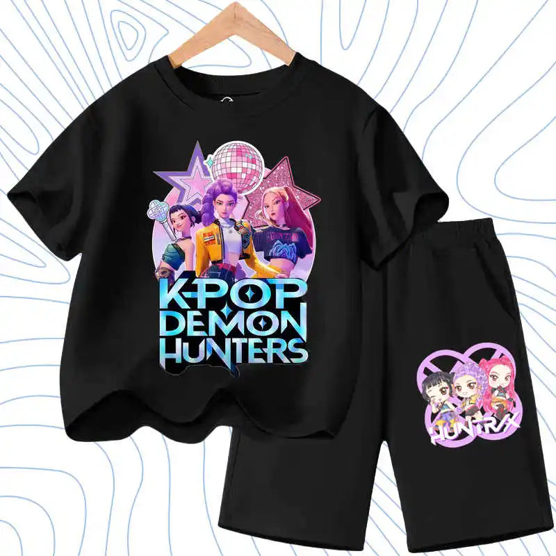 Summer Girls Casual T Shirt Sets K POP Cartoon Printed Kids Fashion Outfits Teen Children's O Neck Short Sleeve Tops Shorts 2pcs