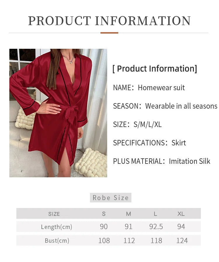 Womens Sexy Satin Robe Long Sleeve V Neck Short Kimono Contrast Piping Belted Sleepwear Loungewear Bridal Party Dressing Gown
