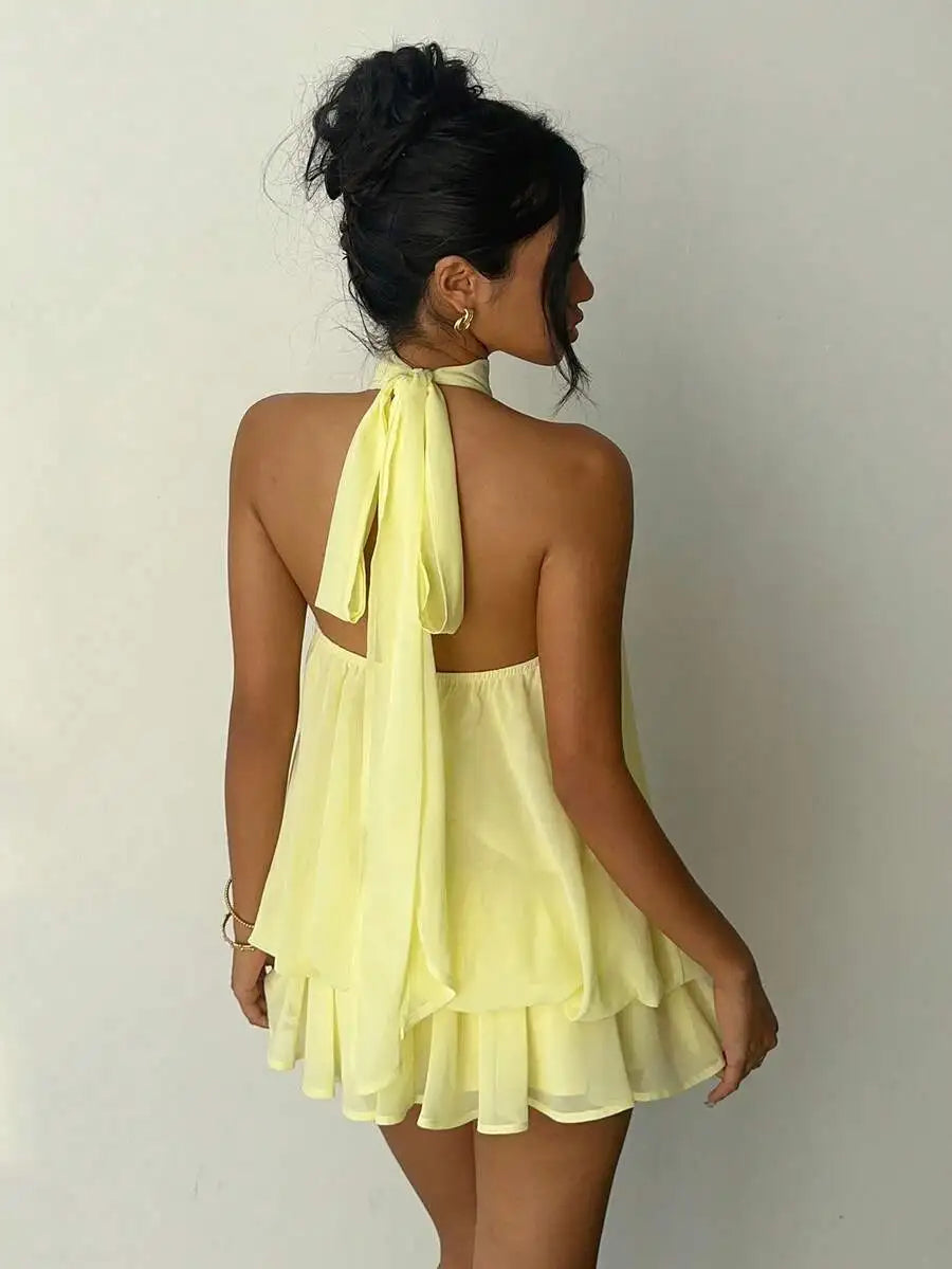 Women's Elegant Butter Yellow Chiffon Halter Tie Mini Dress Fashionable Summer Dress for Women