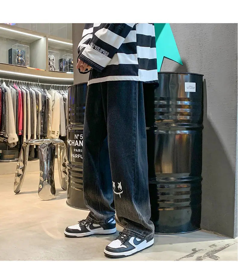 Harajuku Smile Print Baggy Pants Men Streetwear Wide Leg Oversize Jeans Vintage Y2k Straight Long Trousers Male 2024 Fashion