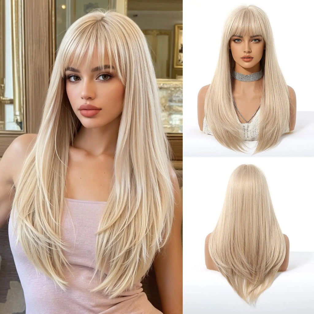 ALAN EATON Long Brown Highlight Synthetic Wigs Layered Straight Hair Wig Realistic Fake Hair for Daily Wear High Temperature Wig