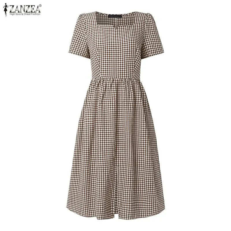 Women Summer Plaid Dress 2026 ZANZEA Elegant Square Neck Short Sleeve Midi Dresses Casual Work Vestidos Stylish Holiday Sundress