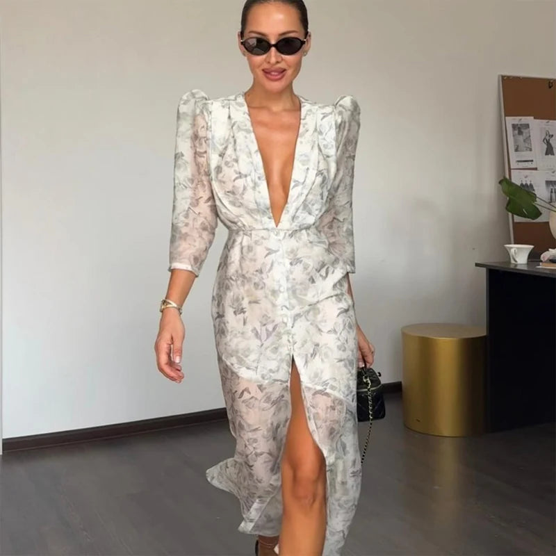 Fashion Organza Floral Printed Maxi Dress V-Neck Puff Sleeve 2026 Spring/Summer Romantic Women Party Gown Elegant Lady Vestido