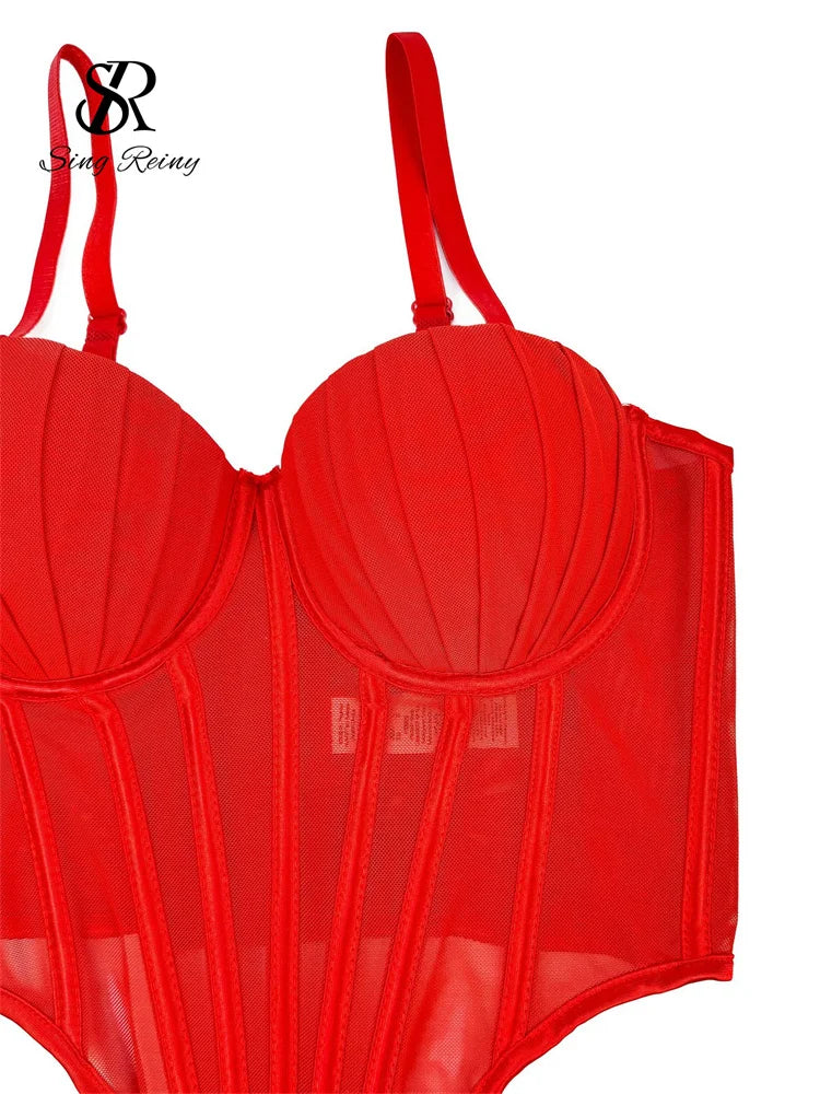 SINGREINY Fashion Solid Corset Lingerie Top Ladies Strap Sheer Mesh Slim Camisole American Retro Backless Beach Sexy Tank Top
