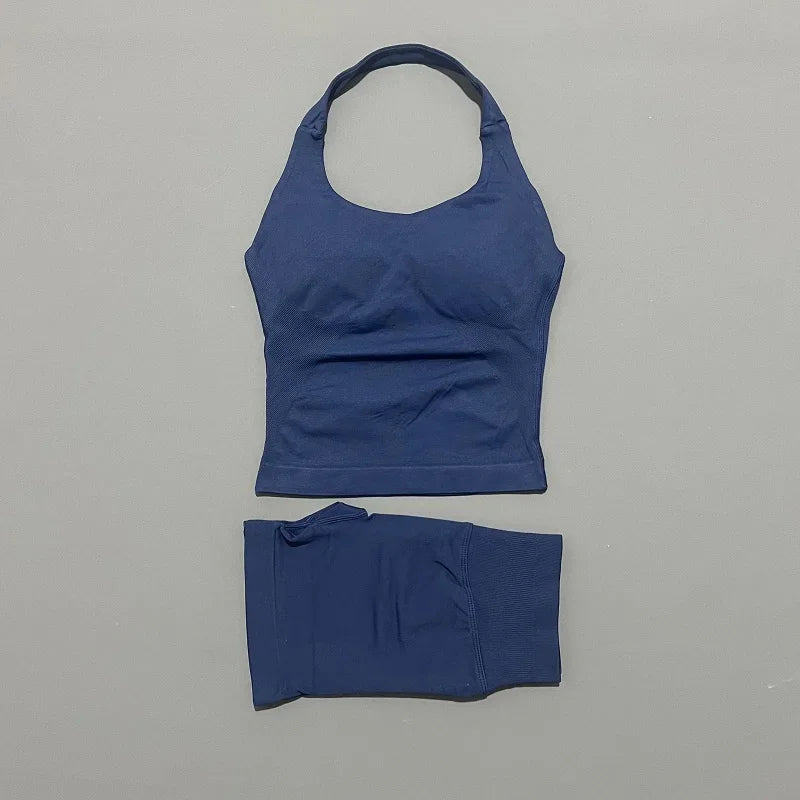 2 Peice Histello Sports Set Women Seamless Halter Top Longline Strappy Padded Scrunch Shorts Set Yoga Suit Gym Workout Sets