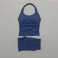 2 Peice Histello Sports Set Women Seamless Halter Top Longline Strappy Padded Scrunch Shorts Set Yoga Suit Gym Workout Sets