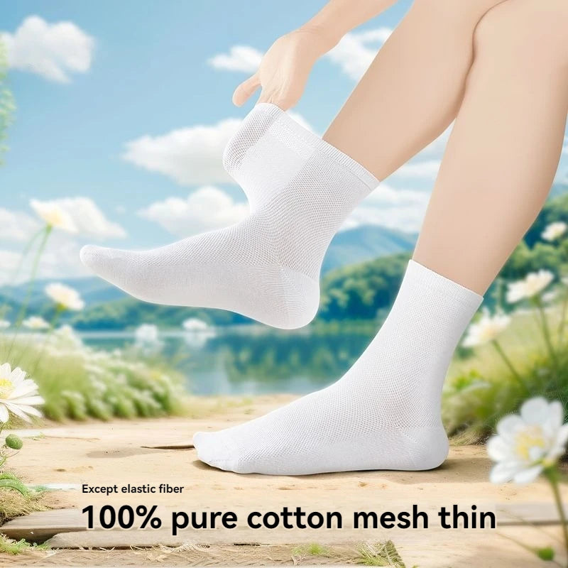 Children's pure cotton seamless socks,mesh thin mid-calf style for summer, suitable for students to wear to school, for sports