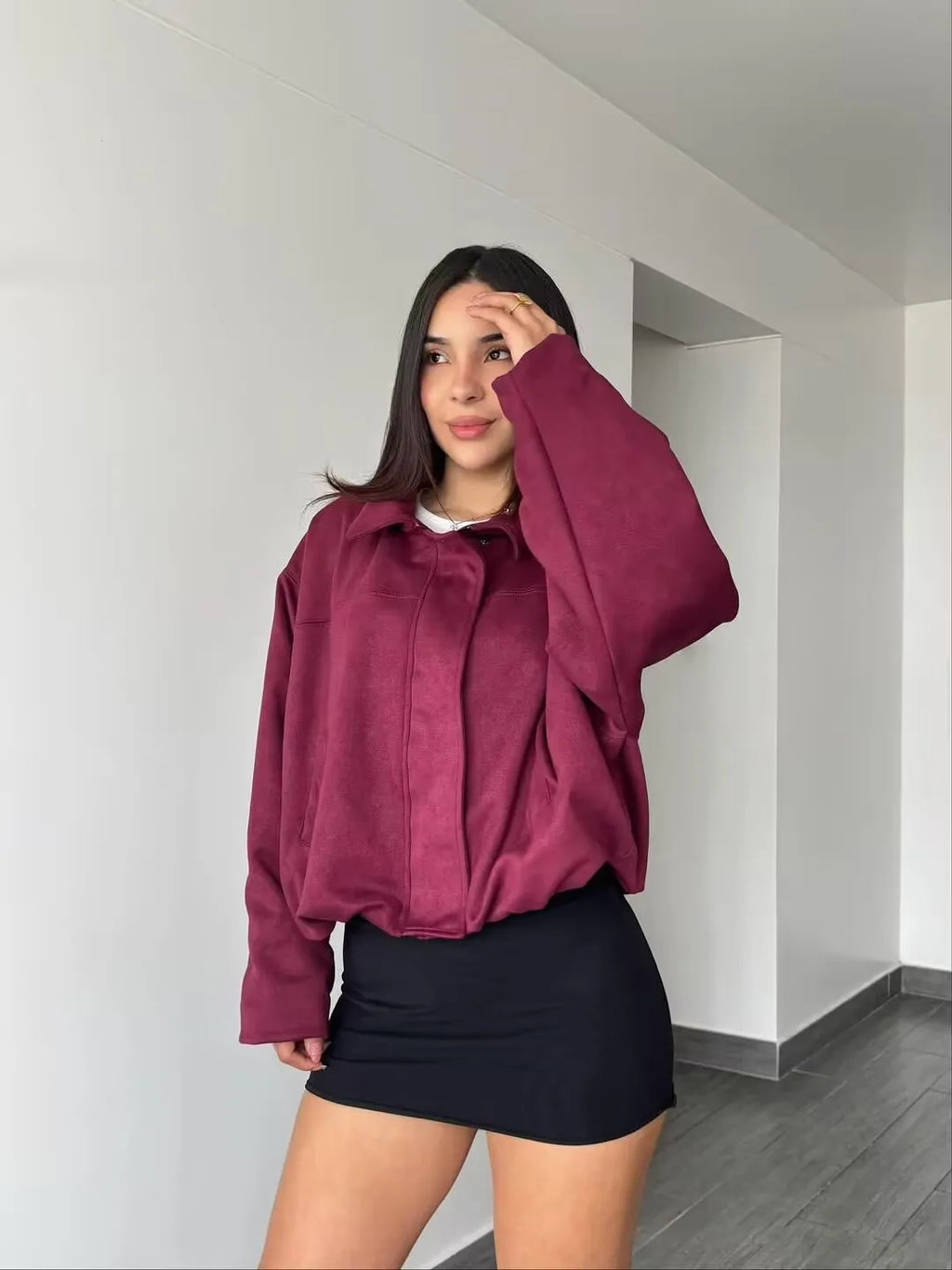 YENKYE New 2025 Women Suede Textured Bomber Jacket Long Sleeve Lapel Collar Loose Coats Casual Female Outerwear Chic Tops
