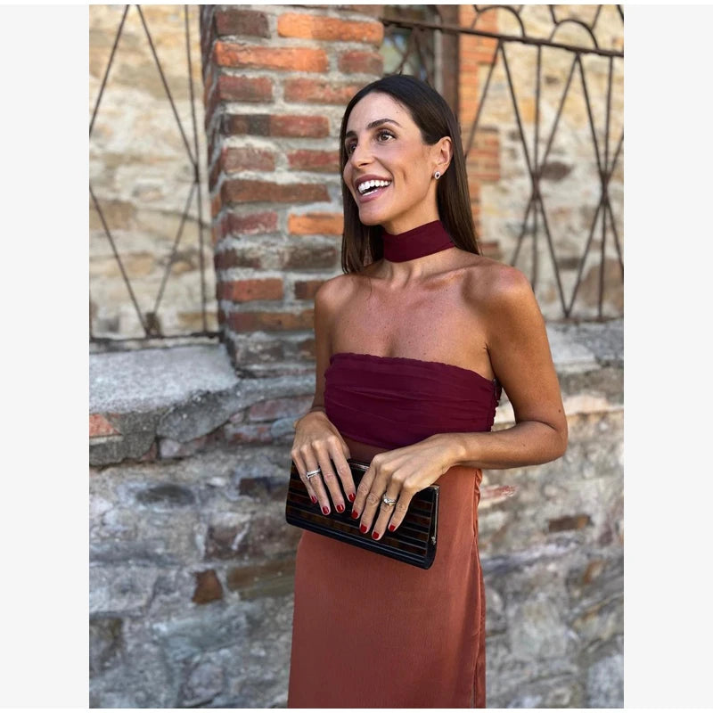 Solid Color Strapless Ribbon Women Summer Dress Sexy Sleeveless Backless High Waist Slim Maxi Vestidos 2026 Lady Vacation Outfit