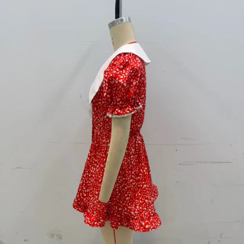 Sexy Pink Floral Print Ruffle Slim Short Dress Women Elegant V-neck Pleated Puff-sleeve Ruched Dresses Lady Party Club Robe New