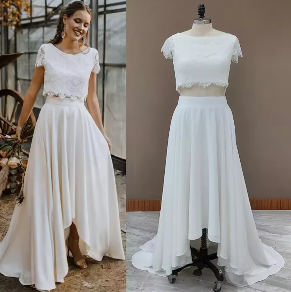 Customized Two Piece Lace Boho Wedding Dress Crop Top Princess Scoop Buttons Cap Sleeves High Low Maxi Beach Chiffon Bridal Gown