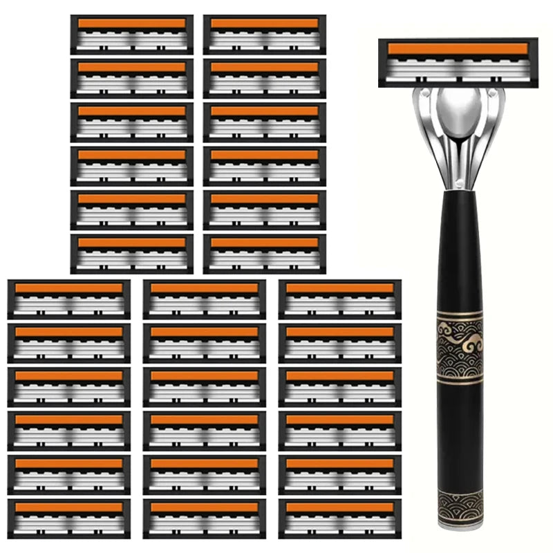 Men's 3-Blade Manual Razor with Non-Slip Handle and Multiple Replacement Blades - Ideal for Trimming Beards and Mustaches