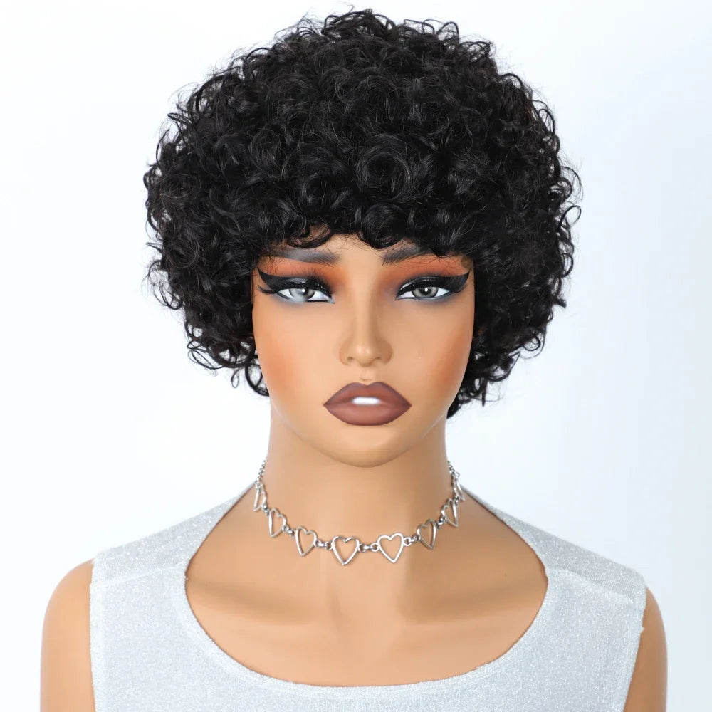 Brazilian Short Bob Pixie Afro Kinky Curly Wigs With Bangs For Black Women Natural Brown 99J Full Machine Made Human Hair Wigs