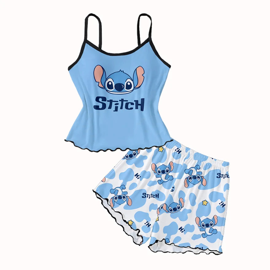 Women's 2-piece Disney Stitch Cute Cartoon Pattern Pajamas Home Clothes Strap Top+Elastic Shorts Off Shoulder Star Cartoon Print