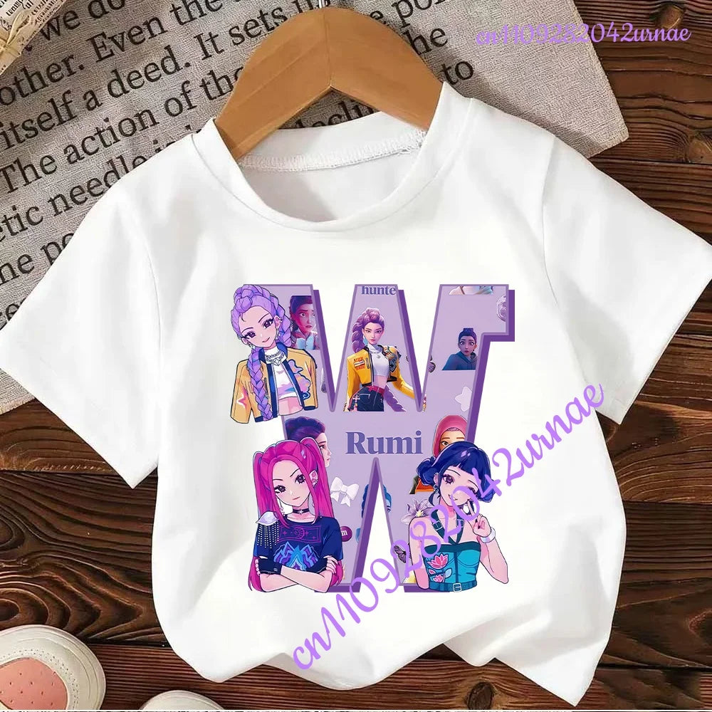 Kpop Demon Hunters Letter A-Z T-shirt Kawaii Rumy Birthday Tops Party Wear Girls Tee Summer Short Sleeve Cotton Kid Clothes