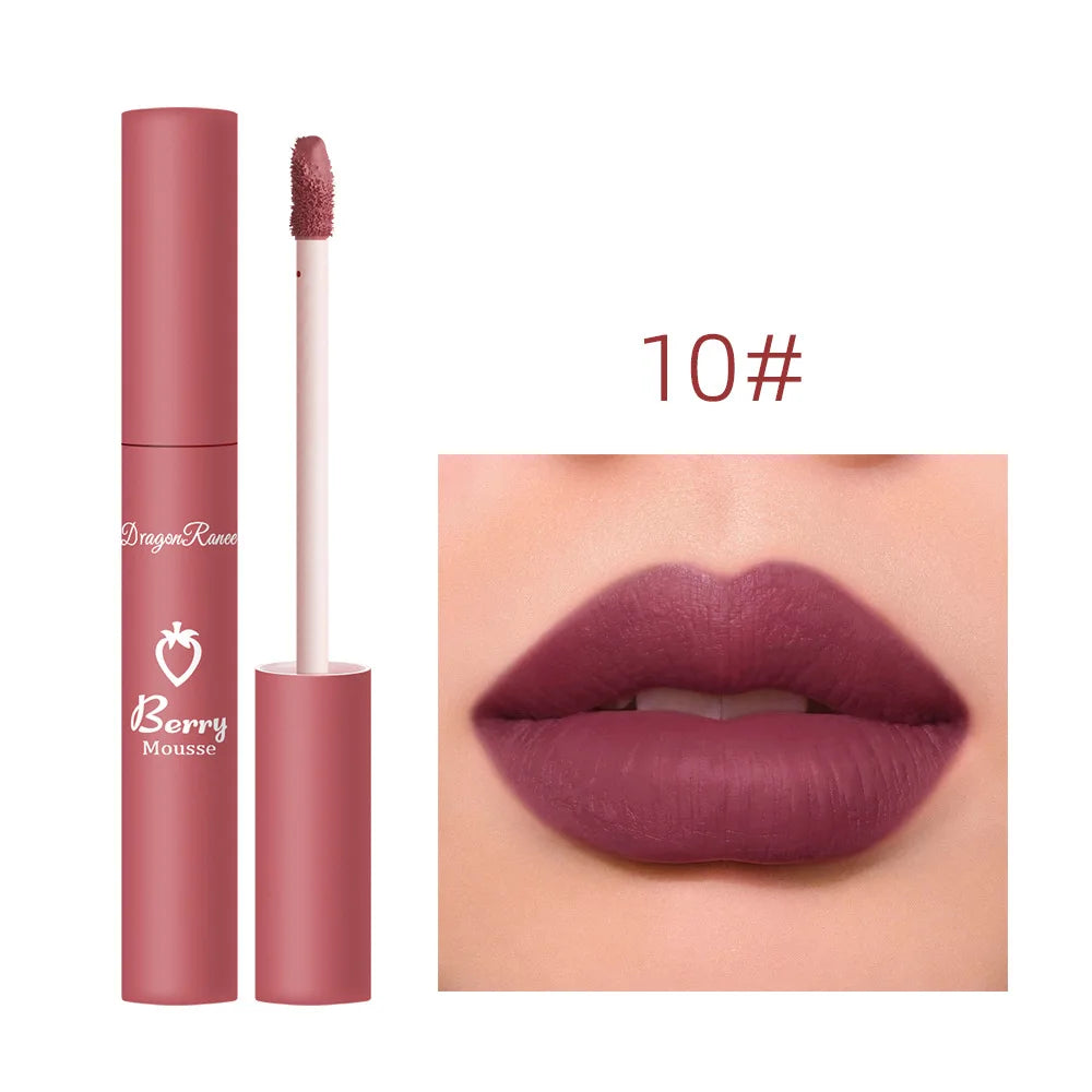 Dragon Ranee 12 Color Matte Lip Gloss Velvet Texture Waterproof Moisturize Lip Gloss Lasting Non-stick Cup Fashion Cosmetics 5ml