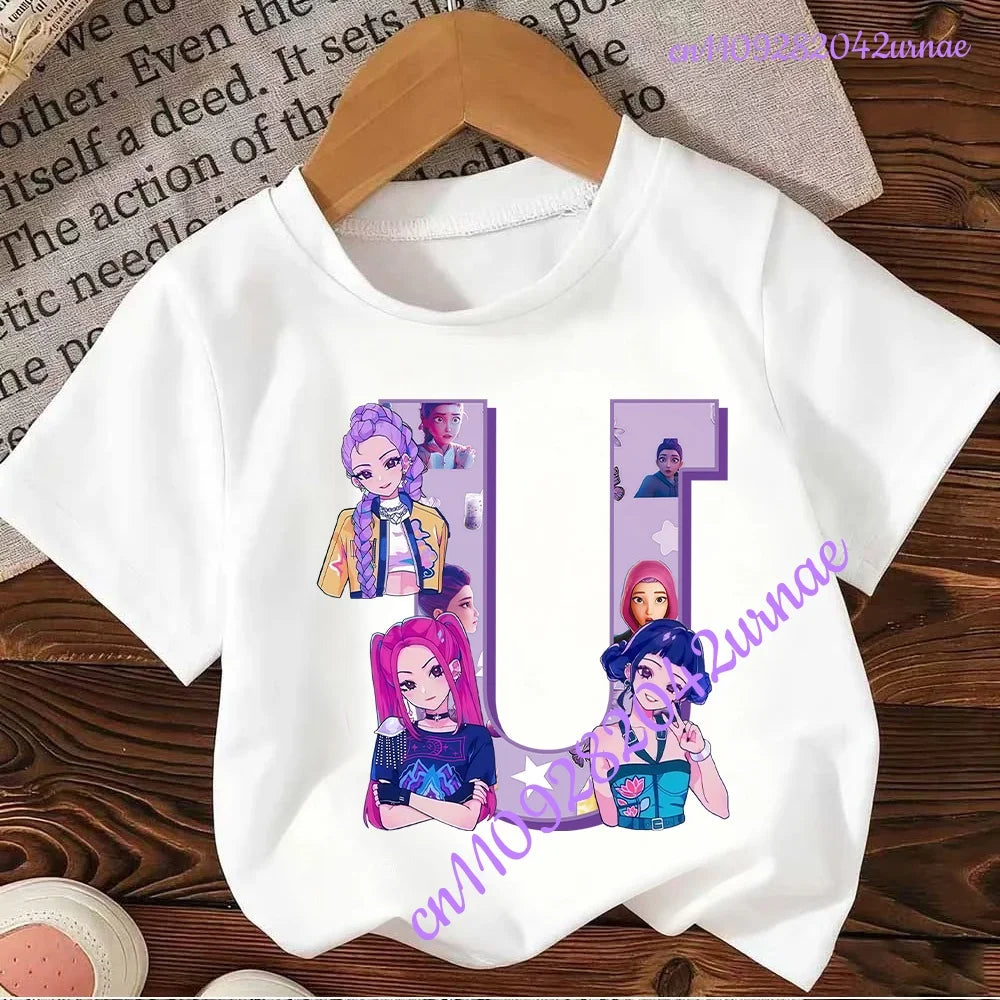 Kpop Demon Hunters Letter A-Z T-shirt Kawaii Rumy Birthday Tops Party Wear Girls Tee Summer Short Sleeve Cotton Kid Clothes
