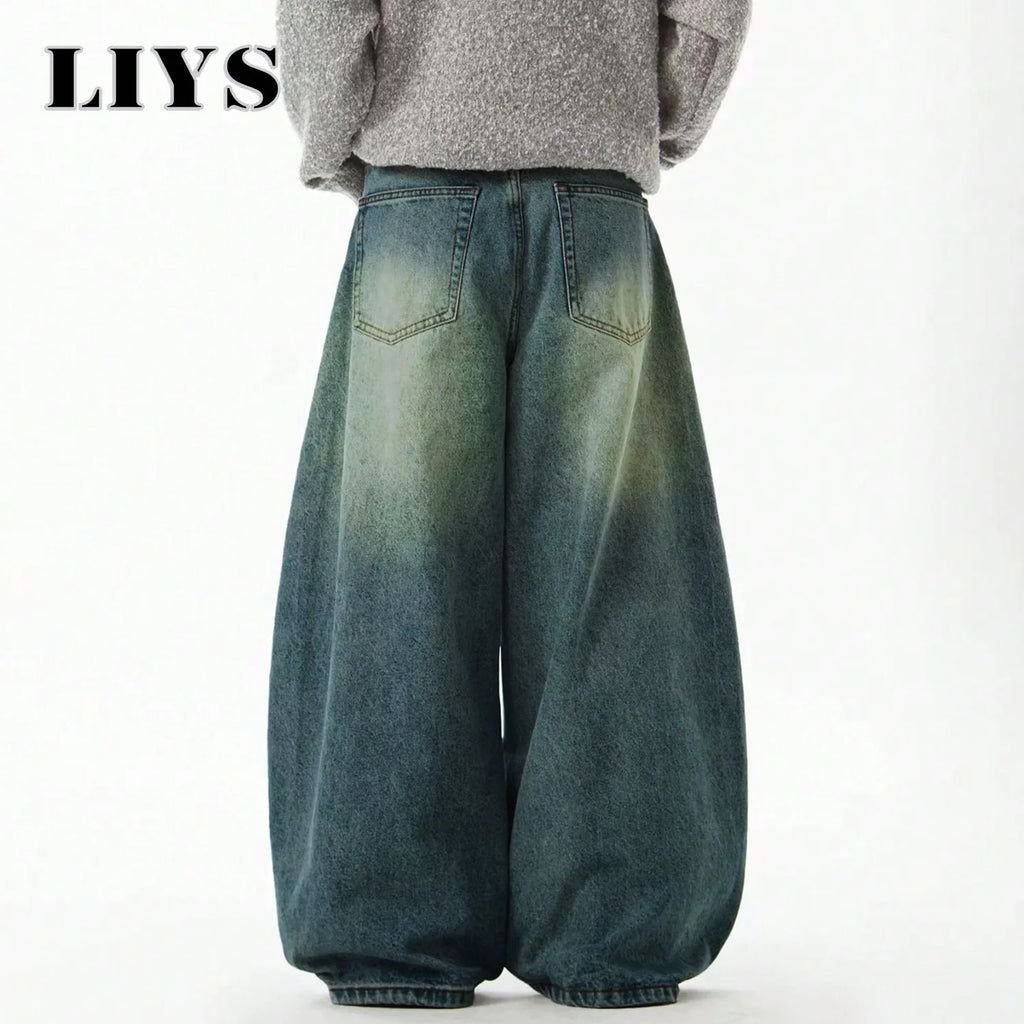 Men's Wear Blue Wide-Leg Denim Pants Baggy Jeans Vintage Three-Dimensional Cut Curved Knife Jeans Loose Fit Summer New Trend