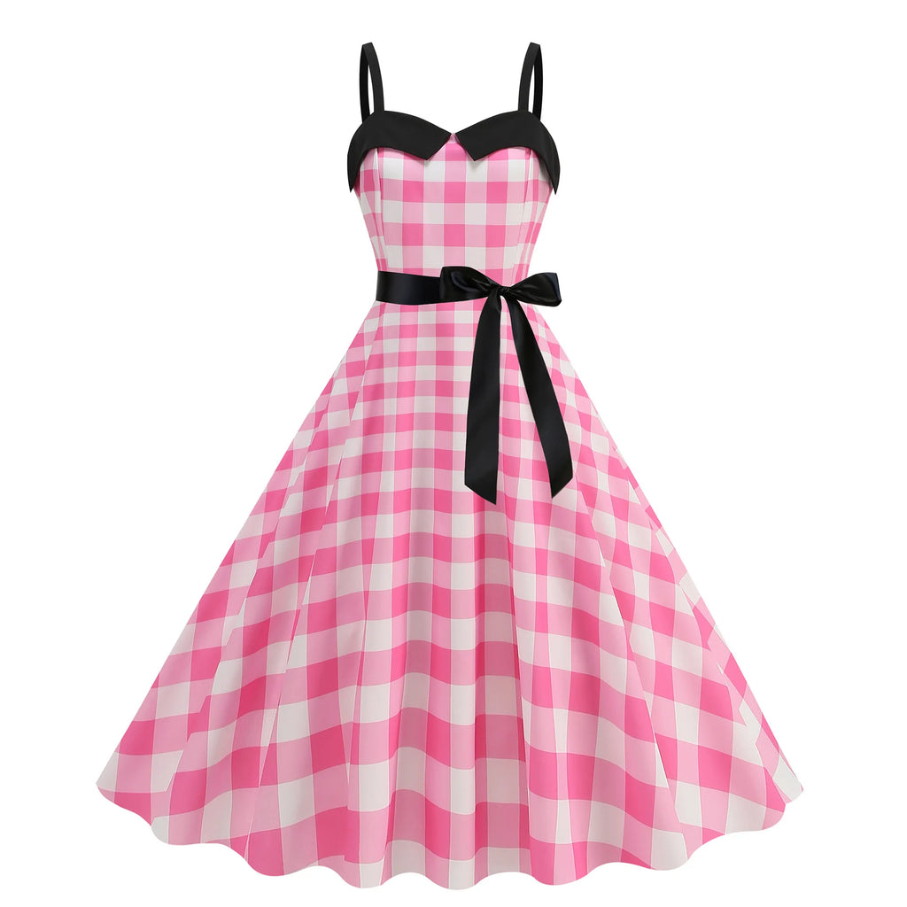 Elegant Women Pink Polka Dot Dress Summer Robe Hepburn 1950s 60s Vintage Sexy Halter Rockabilly Retro Party Dresses 2026 Vestido